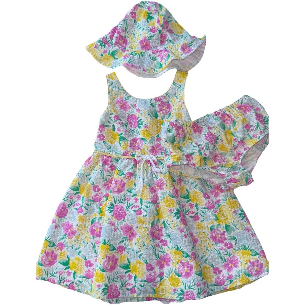 Btween Baby yellow floral print dress with diaper cover and hat sz 24 M Summer
